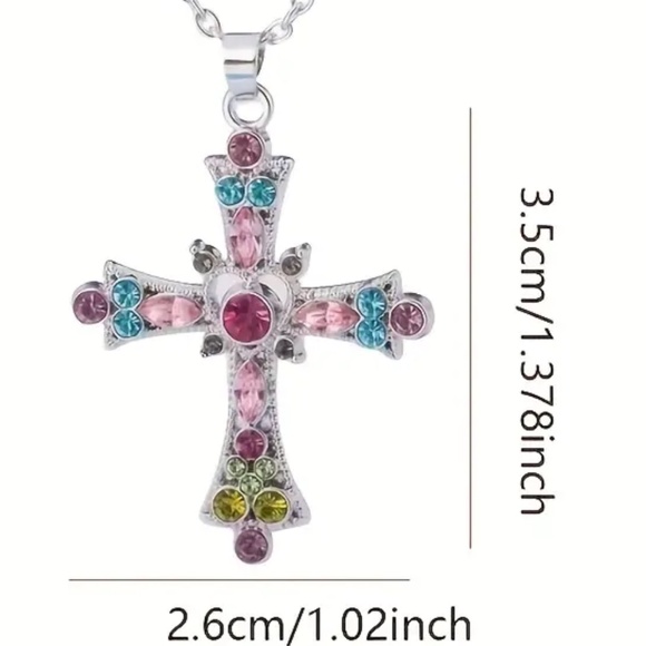 Pink Crystal Cross Pendant Necklace - Gothic Punk Style W/ Zirconia - Silvery - Picture 5 of 5